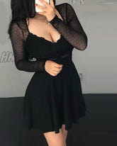 Hnewly Women Fashion Sexy V Neck Black Party Club Dot Mesh Dress Long Sleeve Mini Trendy Summer